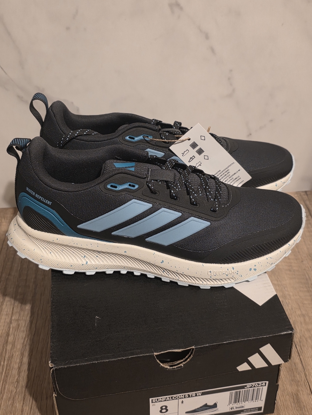 Adidas Runfalcon 5 TRW Black and Light Blue Trail Running Shoes Size 8 NEW
